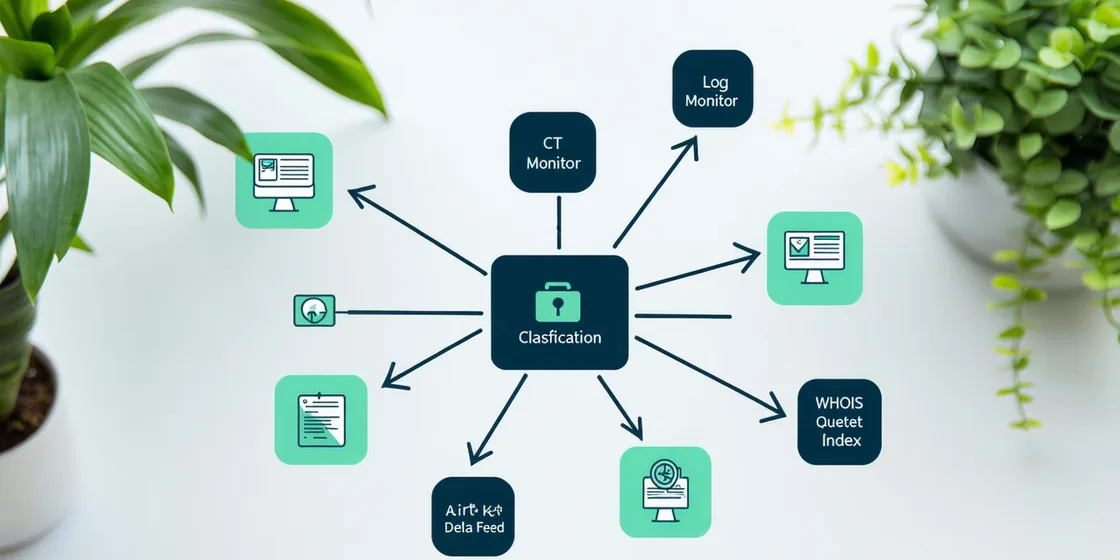 Diagram showing Certificate Transparency log scraping, WHOIS delta feeds, and keyword matching flow converging into domain alert