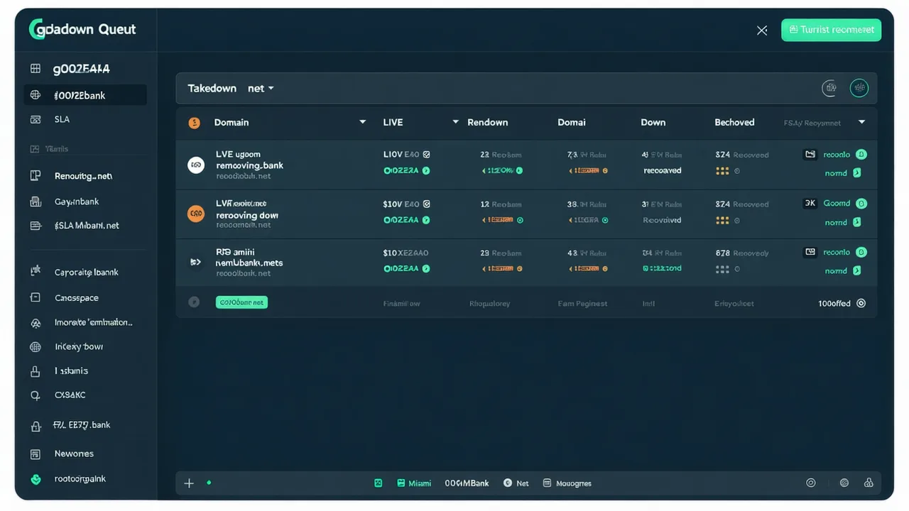 Brandefense takedown queue dashboard showing detected lookalike domains with registrar contact status and SLA timers