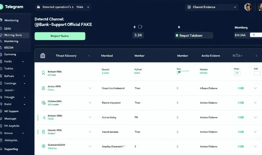 Brandefense Telegram channel monitoring interface showing detected impersonation channel with member count and alert status